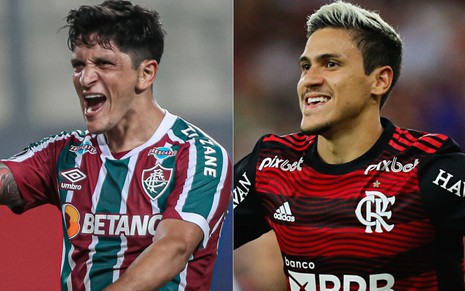 Imagem com jogadores Cano (Fluminense), à esquerda, e Pedro (Flamengo), à direita