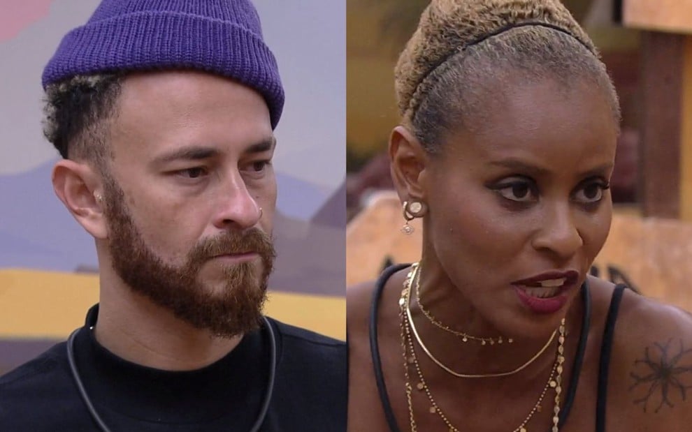 Montagem de Fred e Aline no quarto do BBB. Eles têm as expressões sérias