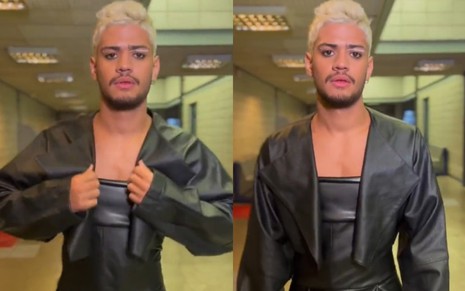 Gabriel Santana desfila para mostrar sua roupa em um vídeo do Gshow