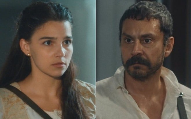 Montagem com as fotos de Pilar (Gabriela Medvedovski) e Tonico (Alexandre Nero); os dois estão em pé em cena de Nos Tempos do Imperador