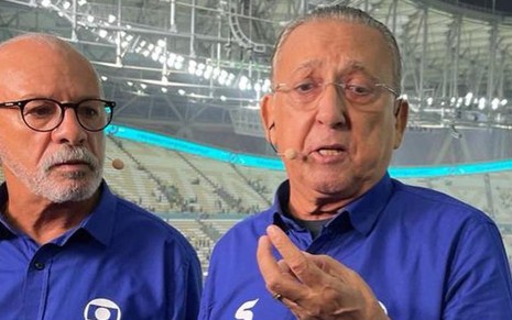Imagem de Mestro Junior (à esq.) e Galvão Bueno durante a transmissão da Copa do Mundo