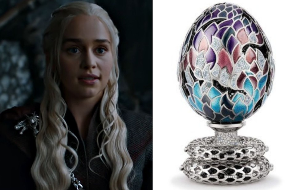 Montagem com Emilia Clarke como Daenerys em Game of Thrones e ovo de dragão inspirado na série