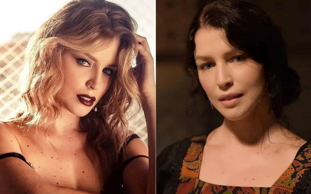 Montagem de fotos da atriz Rhaisa Batista, ela está loira na esquerda enquanto está com os cabelos escurecidos na foto da direita