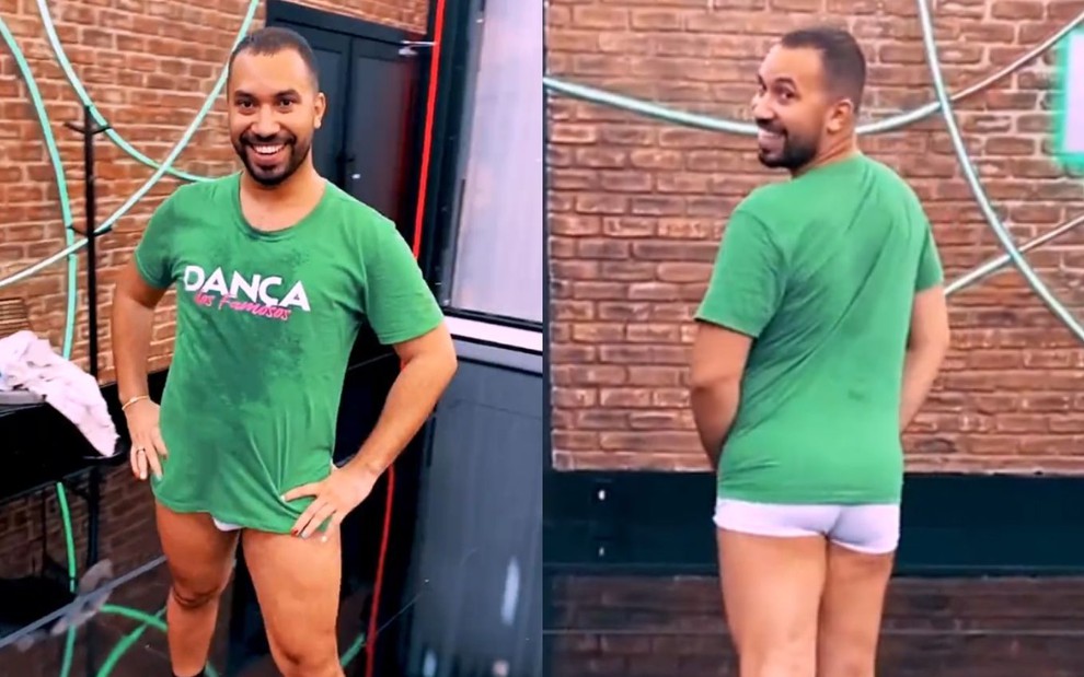 Uma montagem com duas imagens de Gil do Vigor em vídeo publicado no Twitter do Domingão com Huck; ele está de cueca e com uma camiseta verde escrito 'Dança dos Famosos'