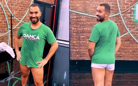 Uma montagem com duas imagens de Gil do Vigor em vídeo publicado no Twitter do Domingão com Huck; ele está de cueca e com uma camiseta verde escrito 'Dança dos Famosos'