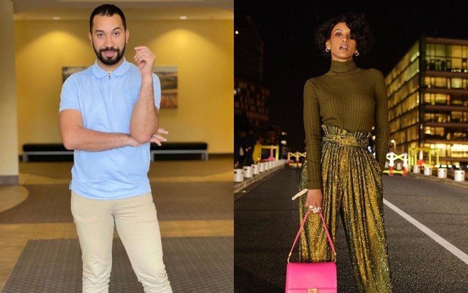 Gil do Vigor à esquerda com uma camiseta azul e uma calça beje. À direita, Taís Araújo com um uma blusa de gola alta verde, uma calça verde brilhante e uma bolsa rosa. Ambos posam com olhares sérios para a câmera.