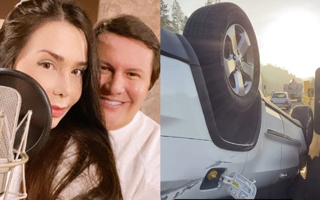 Montagem com a foto de Giovani e Anna Carolina, e a foto do carro do casal durante o acidente