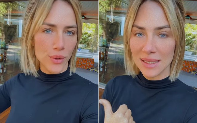 Montagem com duas fotos de Giovanna Ewbank séria