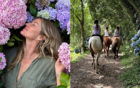 Gisele Bündchen rodeada de flores em tons de rosa e lilás e foto de crianças em cima de cavalos