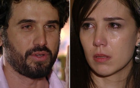 Montagem dos atores Eriberto Leão e Marjorie Estiano, ambos tristes como Gabriel e Manuela de A Vida da Gente