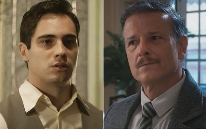 Montagem com o ator Danilo Mesquita como Joaquim à esquerda, e o ator Marcello Novaes como Eugênio à direita em cena de Além da Ilusão