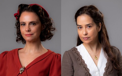 Montagem com as fotos de Malu Galli e Paloma Duarte; elas estão caracterizadas como Violeta e Heloísa, personagens de Além da Ilusão