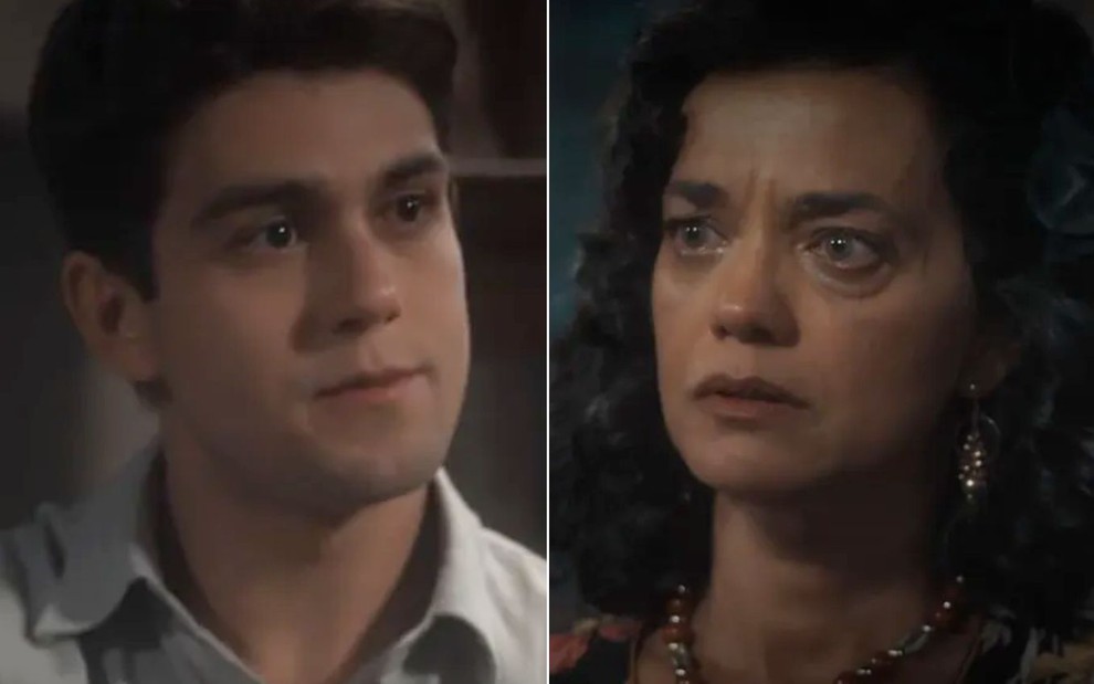 Montagem com Daniel Rangel como Júlio à esquerda e Ana Cecília Costa como Verônica à direita em cena de Amor Perfeito