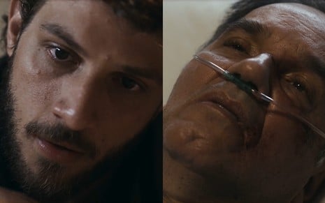 Montagem de Chay Suede e Humberto Martins em cena de Travessia; o personagem de Martins, Guerra, está deitado num leito de hospital; ele dorme, dopado, enquanto Suede o observa