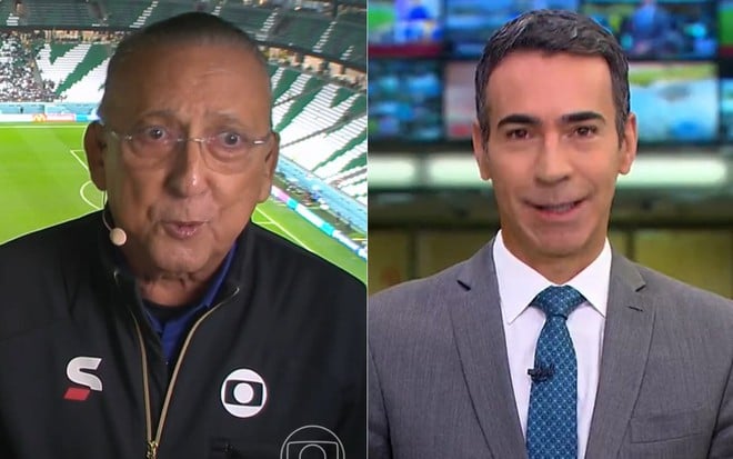 Montagem de fotos com Galvão Bueno na Copa do Mundo e César Tralli no Jornal Hoje