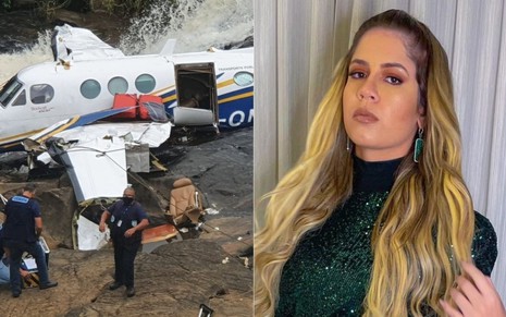 Montagem de fotos com os destroços do avião que matou Marília Mendonça (à esq.) e a cantora (à direita) em foto publicada no Instagram