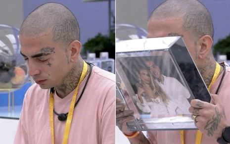 Montagem de MC Guimê chorando e beijando um porta-retrato em que aparece sorridente com a mulher, Lexa