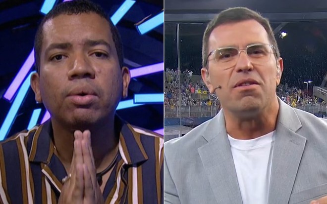 Montagem de Bruno Nogueira no confessionário do BBB 23 e Rodrigo Bocardi na transmissão do Carnaval na Globo