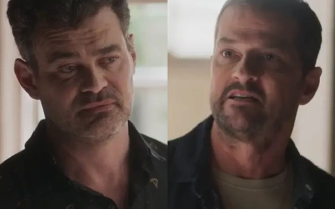 Montagem com uma foto de Carmo Dalla Vecchia, o Alfredo, e outra de Marcelo Serrado, o Moa; eles se encaram, emocionados, em cena de Cara e Coragem