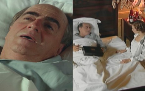 Ary Fontoura, caracterizado como Ludovico, está abatido e pálido em cena de Chocolate com Pimenta; ele repousa sobre uma cama, abalado