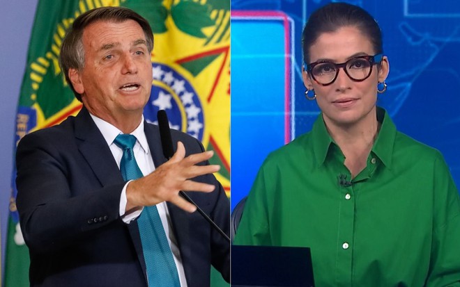 Montagem de fotos com Jair Bolsonaro em discurso, e Renata Vasconcellos no Jornal Nacional