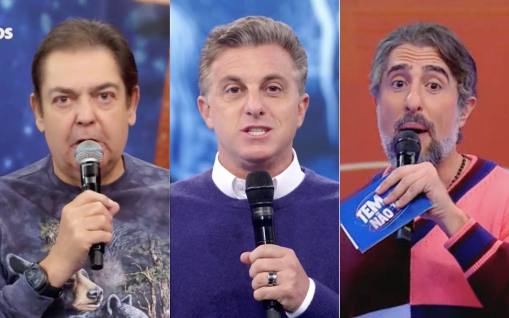 Montagem de fotos com os apresentadores Fausto Silva (à esq.) no Domingão do Faustão, Luciano Huck (centro) no Domingão com Huck e Marcos Mion (à dir.) no Caldeirão, todos programas da Globo