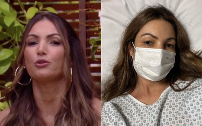 Montagem de fotos com a apresentadora Patrícia Poeta no É de Casa (à esquerda) e deitada em uma cama de hospital (à direita), em que ela aparece abatida e usando máscara