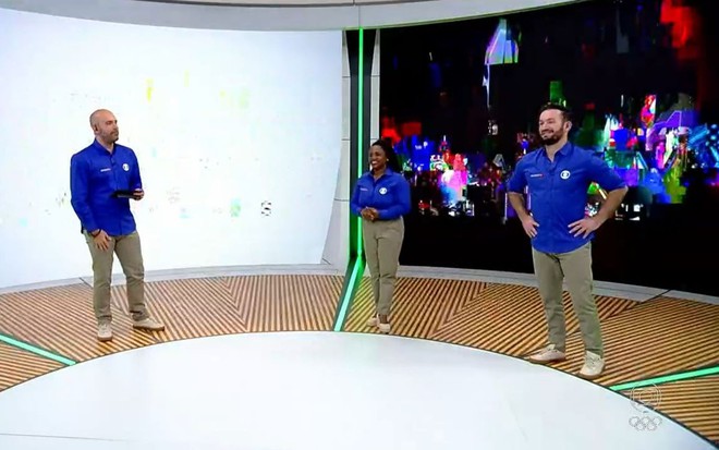 Lucas Gutierrez, Daiane dos Santos e Diego Hypólito no cenário do Esporte Espetacular com telão defeituoso