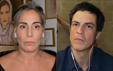 Montagem de fotos com Gloria Pires e Mateus Solano em entrevistas virtuais para o Altas Horas da Globo