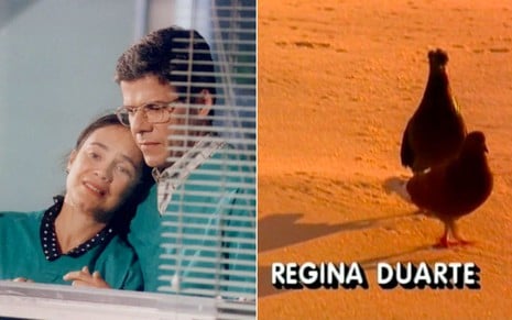 A atriz Regina Duarte como Helena é abraçada por José Mayer, o Carlos, em cena de História de Amor