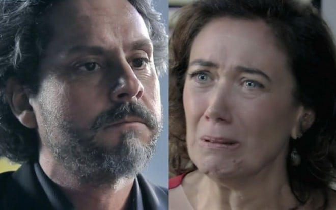 Montagem com as fotos de José Alfredo (Alexandre Nero) e Maria Marta (Lilia Cabral) com cenas do reencontro em delegacia de Império, ele está sério e ela chora