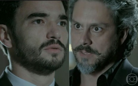 Montagem com as fotos de José Pedro (Caio Blat) e José Alfredo (Alexandre Nero) com as expressões dos dois durante a cena da reunião em Império