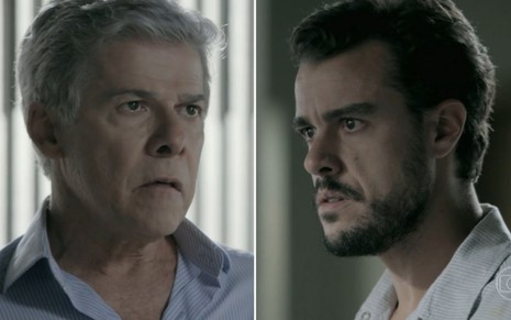 Montagem dos atores José Mayer, com camisa azul e expressão séria, e Joaquim Lopes, com olhos arregalados, como Cláudio e Enrico de Império