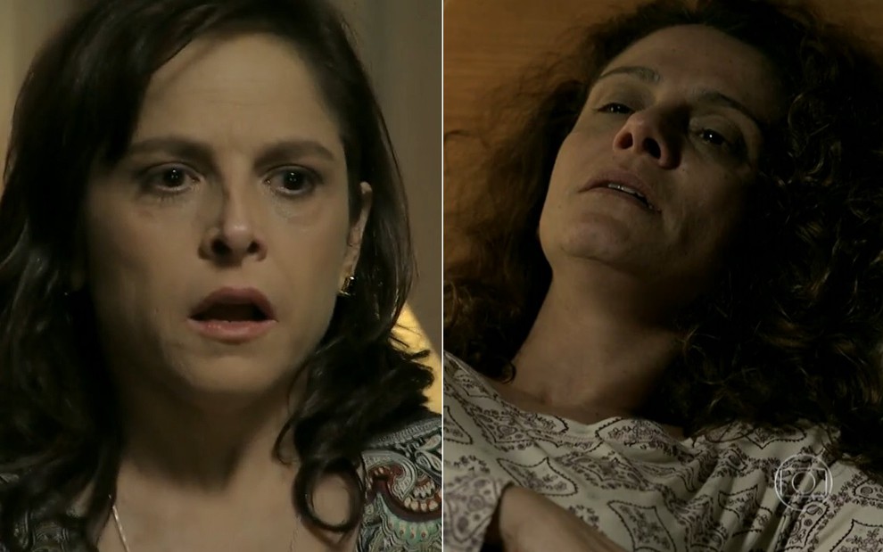 Montagem de Cora (Drica Moraes) com cara espantada e Eliane (Malu Galli) deitada na cama em cena de Império