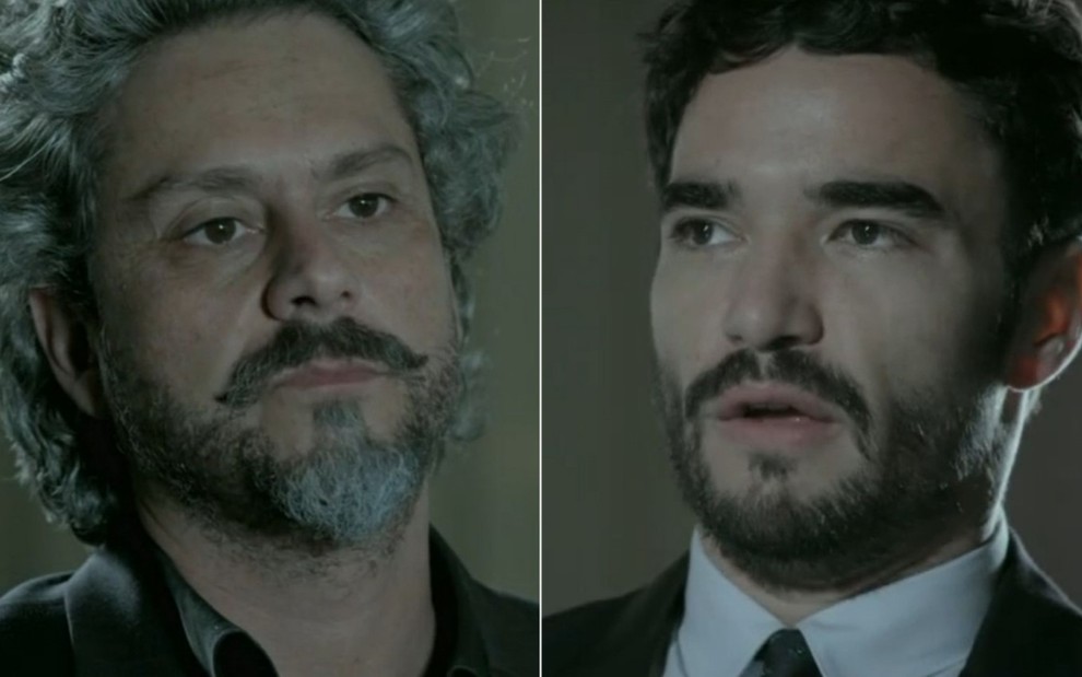 Montagem dos atores Alexandre Nero e Caio Blat, ambos tensos e sérios, como José Alfredo e José Pedro de Império