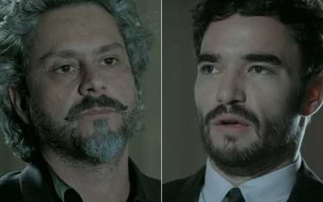 Montagem dos atores Alexandre Nero e Caio Blat, ambos tensos e sérios, como José Alfredo e José Pedro de Império