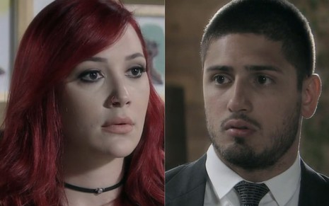 Josie Pessoa e Daniel Rocha gravam cena com expressão séria em Império, como Du e João Lucas