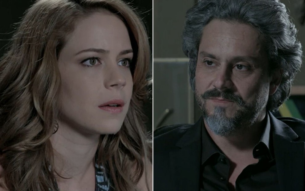 Leandra Leal grava cena com expressão perplexa para Alexandre Nero, que está sério, como Cristina e José Alfredo em Império, da Globo