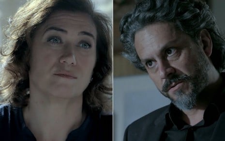 Lilia Cabral e Alexandre Nero gravam cena de diálogo, ambos com expressão séria, como Maria Marta e José Alfredo em Império, da Globo