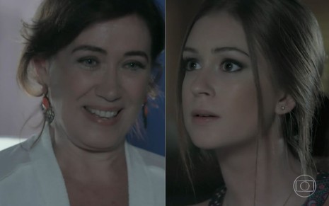 Lilia Cabral grava cena com sorriso falso para Marina Ruy Barbosa, que aparece tensa, como Maria Marta e Maria Isis em Império, da Globo
