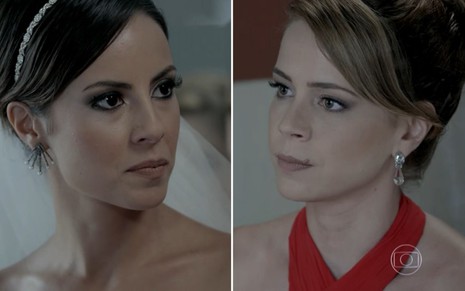 Montagem de Andréia Horta, vestida de noiva, e Leandra Leal, de vermelho, como Maria Clara e Cristina de Império