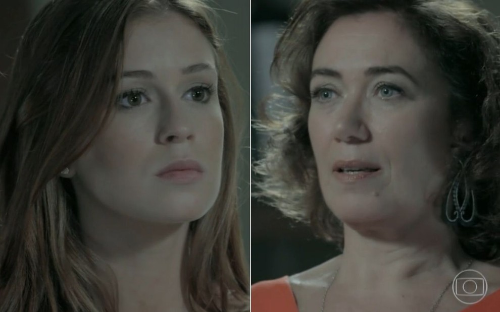 Marina Ruy Barbosa e Lilia Cabral gravam cena com expressão séria, como Maria Isis e Maria Marta em Império, da Globo