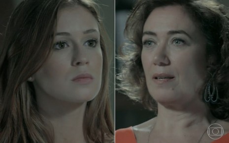 Marina Ruy Barbosa e Lilia Cabral gravam cena com expressão séria, como Maria Isis e Maria Marta em Império, da Globo