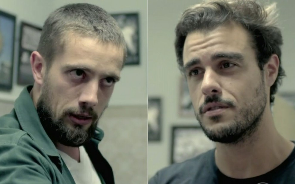 Montagem de fotos com os personagens Vicente (Rafael Cardoso, à esq.) e Enrico (Joaquim Lopes) se encaram seriamente em cena da novela das nove da Globo Império