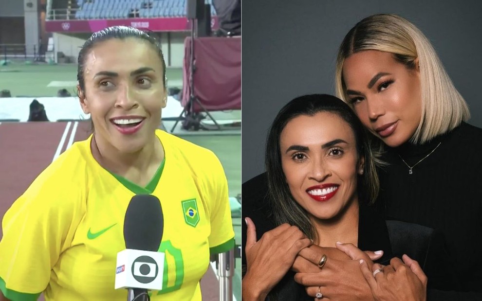 Montagem de fotos com a jogadora do Brasil Marta Silva dando entrevista à Globo (à esquerda) e foto da jogadora com a sua noiva, a também jogadora Toni Deion Pressley (à direita)