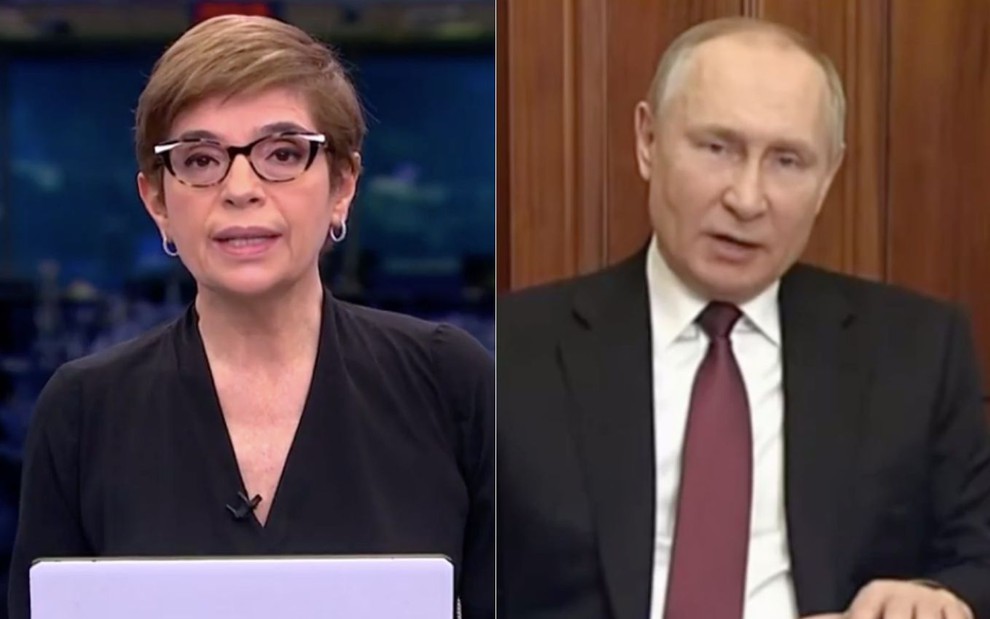 Montagem de fotos com a apresentadora Renata Lo Prete (à esquerda) e o presidente da Rússia Vladimir Putin (à direita)