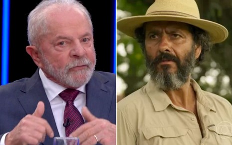 Montagem com Lula no Jornal Nacional à esquerda e Marcos Palmeira como José Leôncio à direita em cena de Pantanal