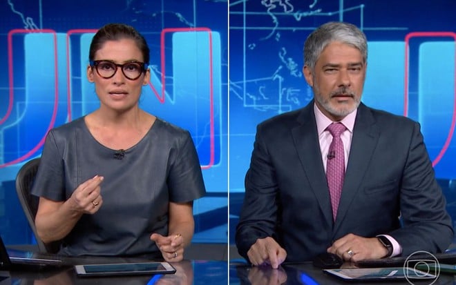 Montagem com Renata Vasconcellos à esquerda e William Bonner à direita no Jornal Nacional