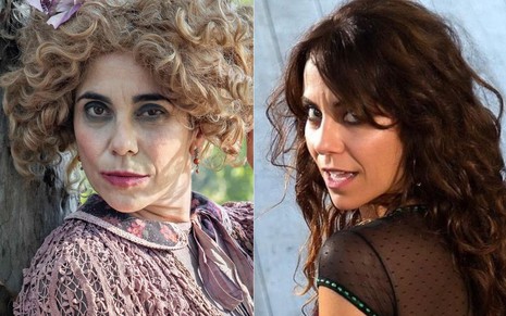 Montagem com a atriz Paula Cohen caracterizada como Lota e em foto publicada no Instagram
