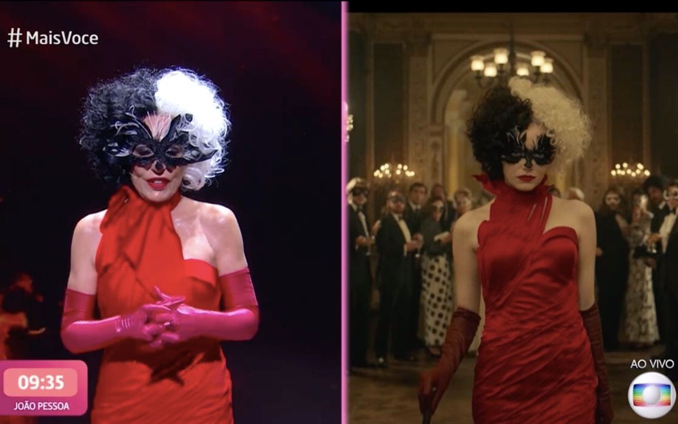 A apresentadora Ana Maria Braga no Mais Você (à esq.) e a personagem Cruella (Emma Stone) no filme da Disney; as duas usam o mesmo vestido e penteado